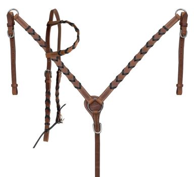 Showman Argentina cow harness leather one ear headstall and breast collar set with colored lacing. NO REINS #2